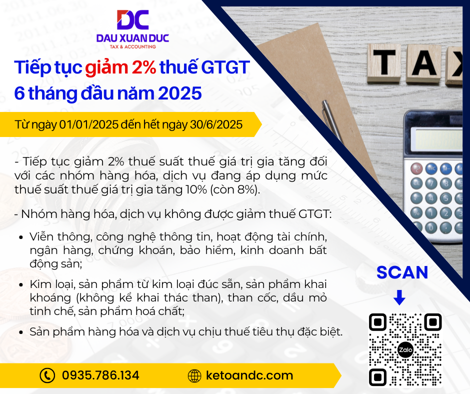 TIẾP TỤC GIẢM THUẾ GTGT 2% 6 THÁNG ĐẦU NĂM 2025