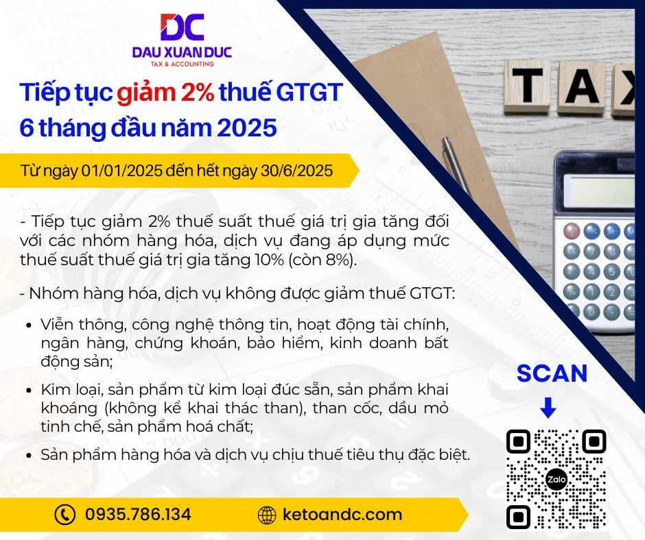 TIẾP TỤC GIẢM THUẾ GTGT 2% 6 THÁNG ĐẦU NĂM 2025