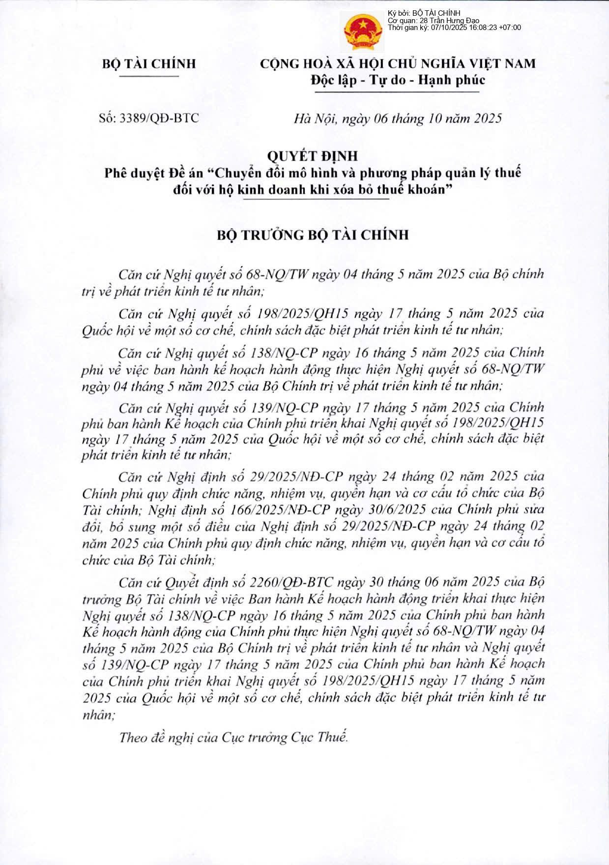 Quyết định 3389/QĐ-BTC của Bộ Tài chính phê duyệt Đề án “Chuyển đổi mô hình và phương pháp quản lý thuế đối với hộ kinh doanh khi xóa bỏ thuế khoán”