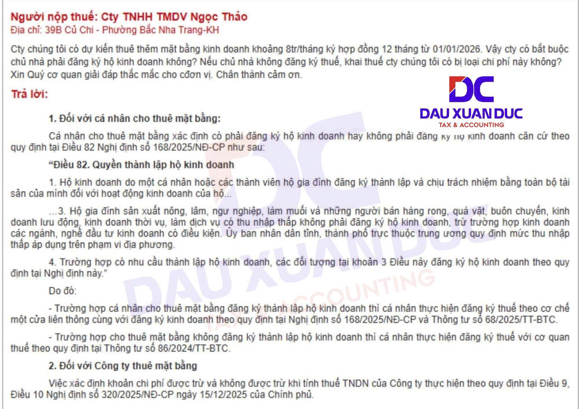 Trường hợp cá nhân cho thuê mặt bằng có thành lập Hộ hay chỉ cần đăng kí thuế